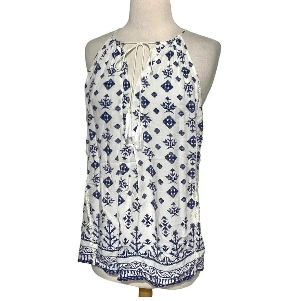 Ava Christine M white +‎ blue boho print sleeveless top